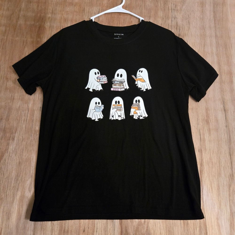 Black Reading Ghosts Bookish Graphic Halloween T-Shirt Large Short Sleeve Tee